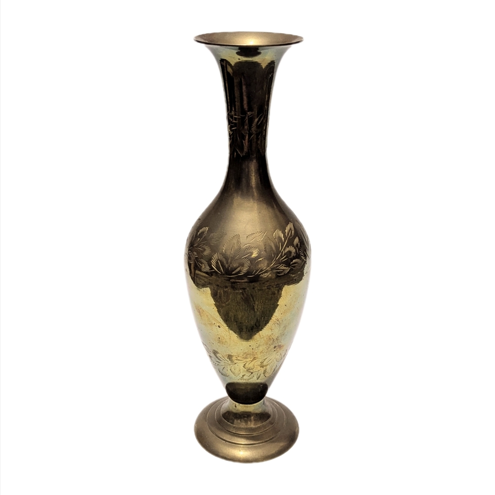 Vintage Large Brass Vase Made in India Engraved Floral Vase Midcentury MCM